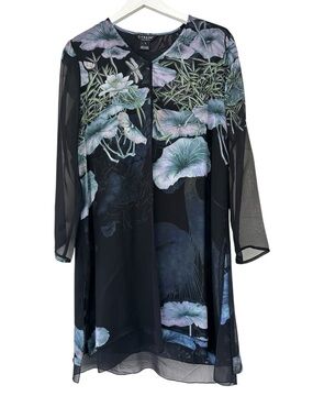 Citron • Silk Blend Sheer Layered Cardigan Tunic Top Heron Bird Water Lily Print